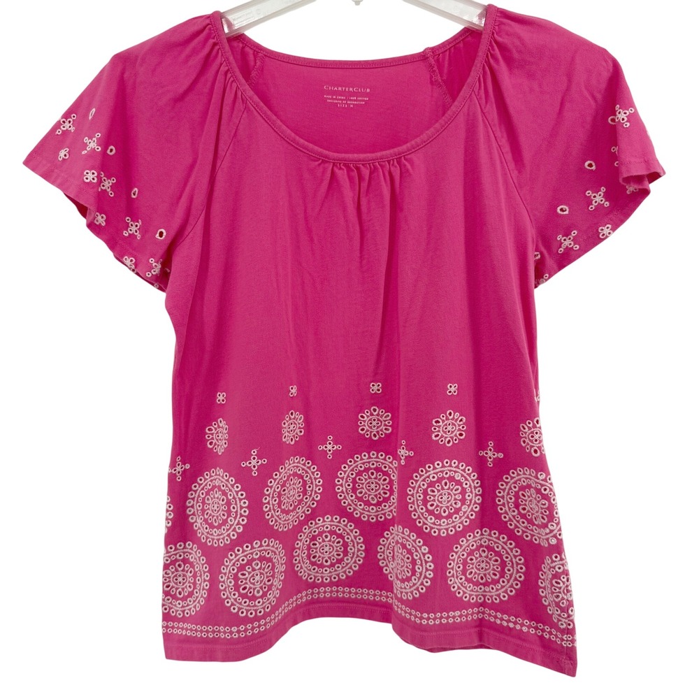 Charter‎ Club Pink Embroidered Eyelet Short Sleeve Casual Top Womens Size Medium